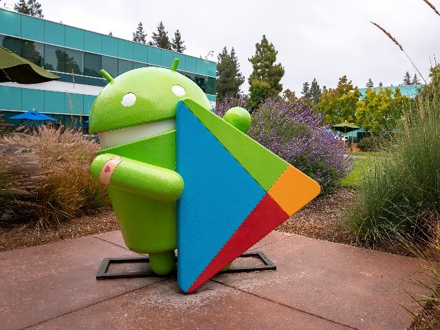 Statue of Android with play store logo amidst plants and grass in garden outside office building at Google campus during sunset. 