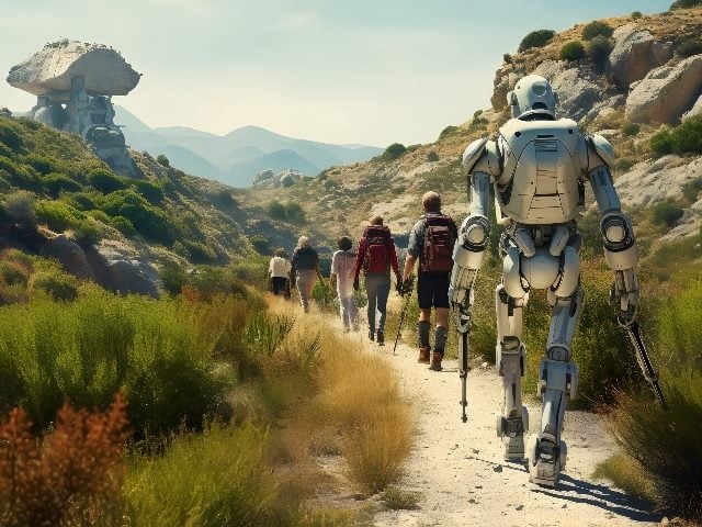 Group of hikers on trail, with robot-hiker trailing behind. Photo generated by generative AI.
