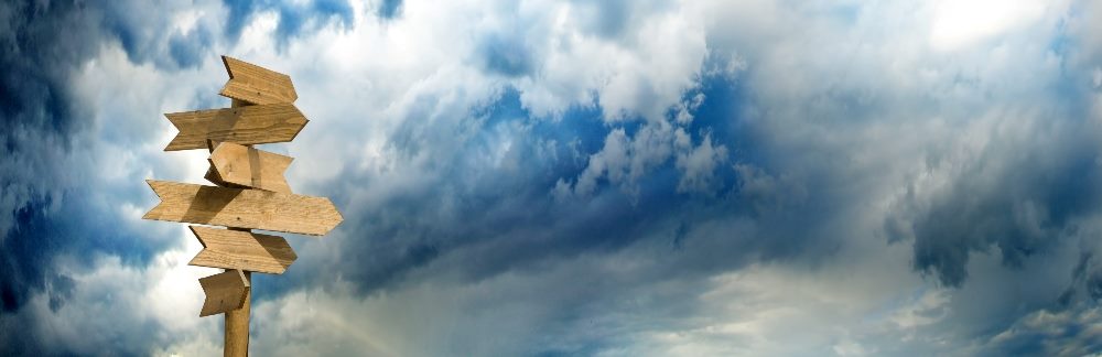 Image of wooden signposts on the left against a blue sky with swirling clouds in piece about D2C strategy.
