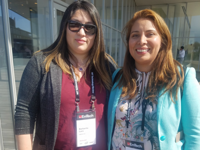 Barbarita Lara (left) and Carolina Amador on a roof deck at MIT Media Lab in Cambridge, Mass.