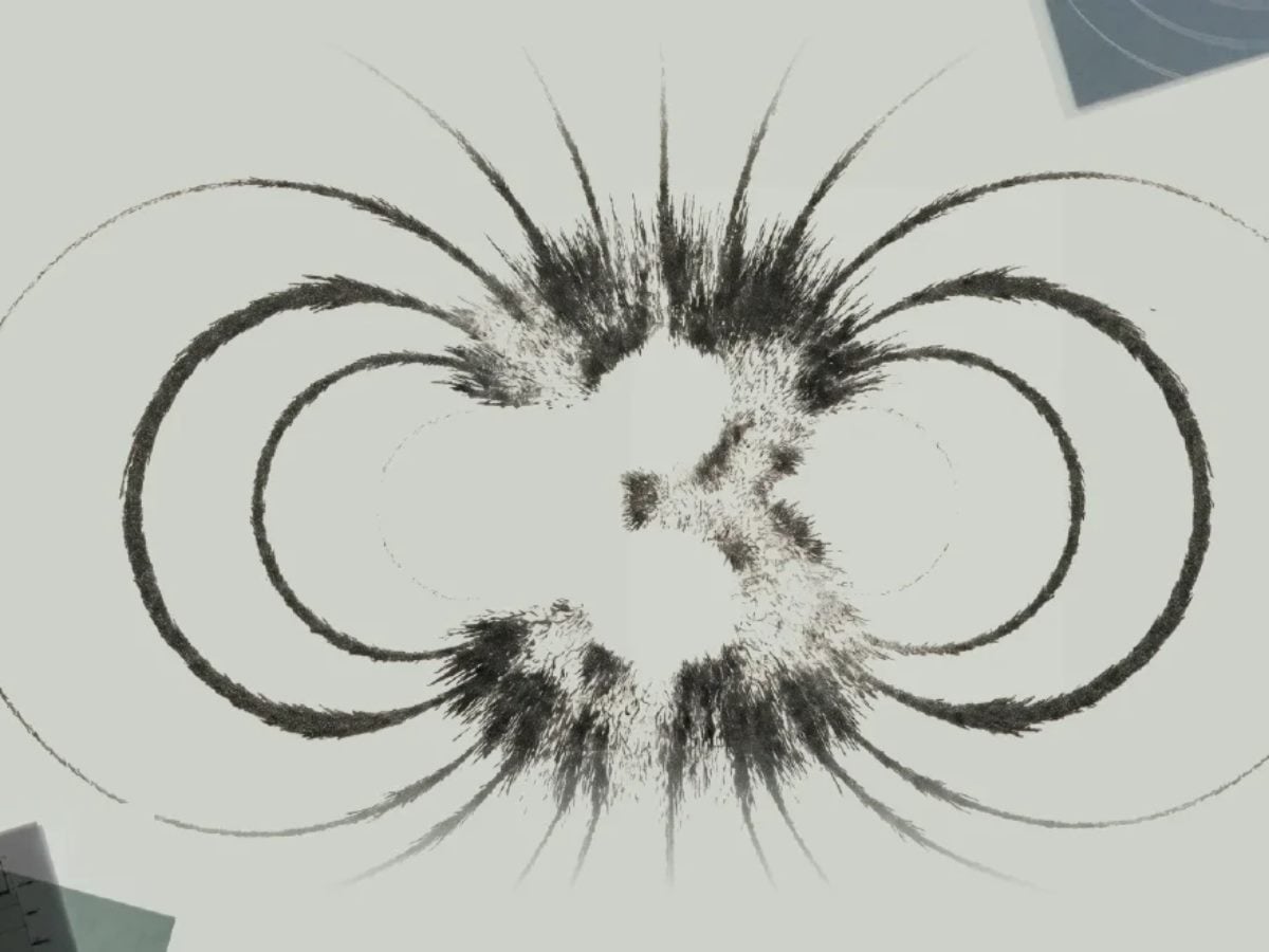 Iron filings arranged in a magnetic field pattern resembling two overlapping poles, evoking the pull between competing AI models.
