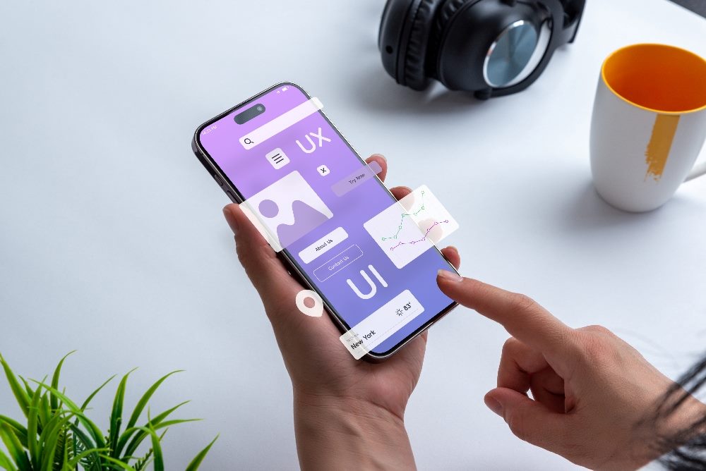 A smart phone displays a purple and white screen where UX and UI are prominently displayed in a piece about how to collect customer feedback with customer feedback surveys and other customer feedback tools
