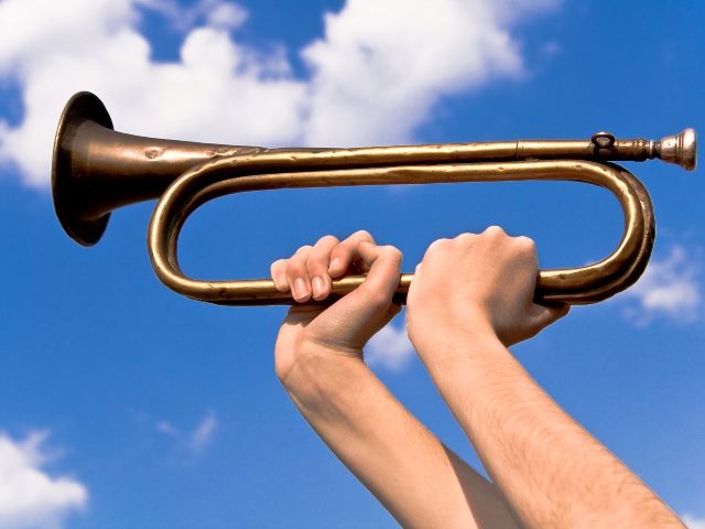 Two hands holding a metal bugle up into the air against a blue sky, representing how AI can enhance marketing calls to action. 