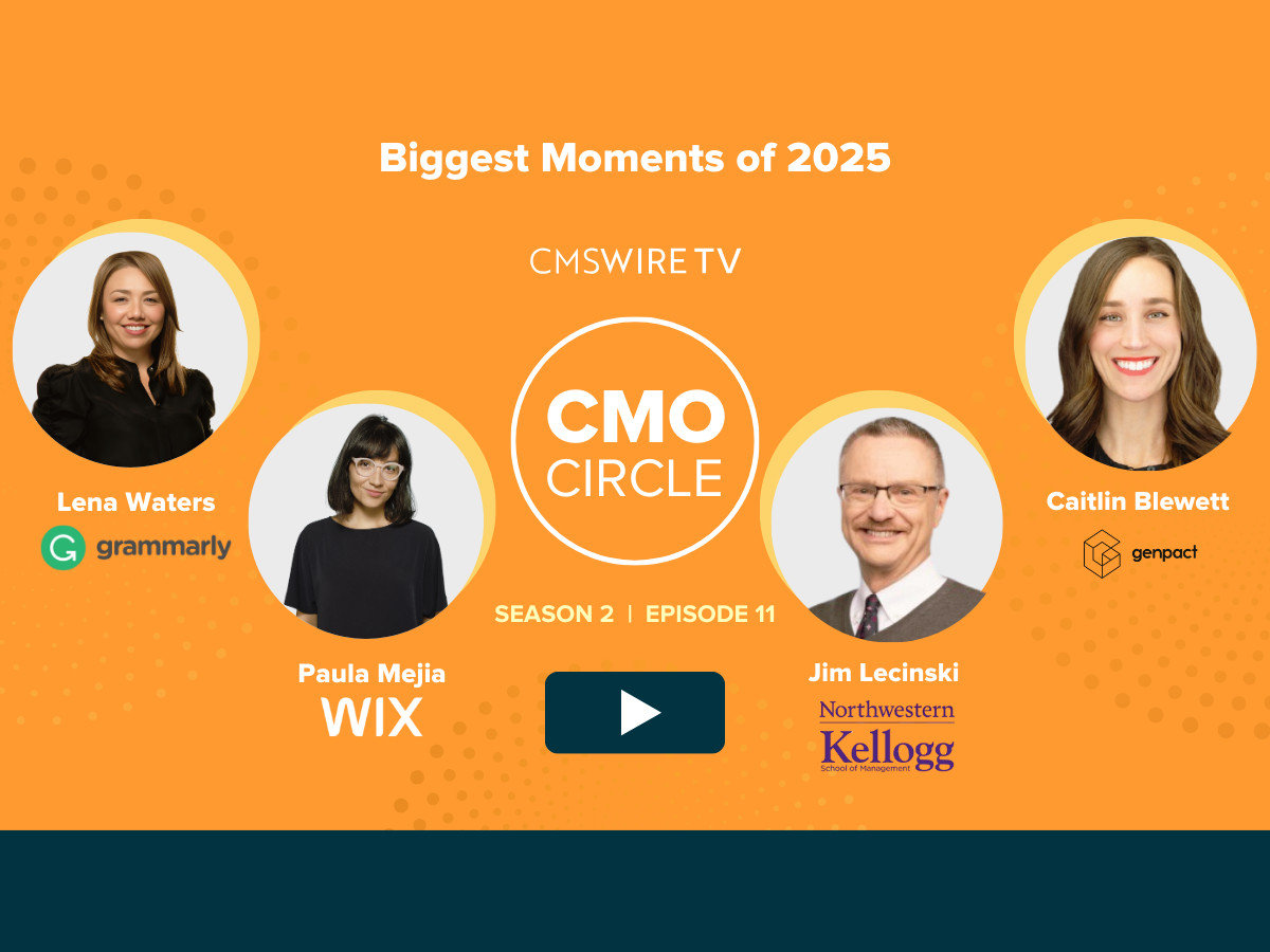 Orange background highlighting 4 circular headshots of guests from CMSWire TV's CMO Circle show