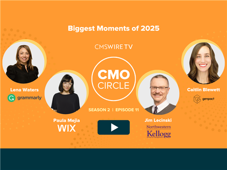 Orange background highlighting 4 circular headshots of guests from CMSWire TV's CMO Circle show
