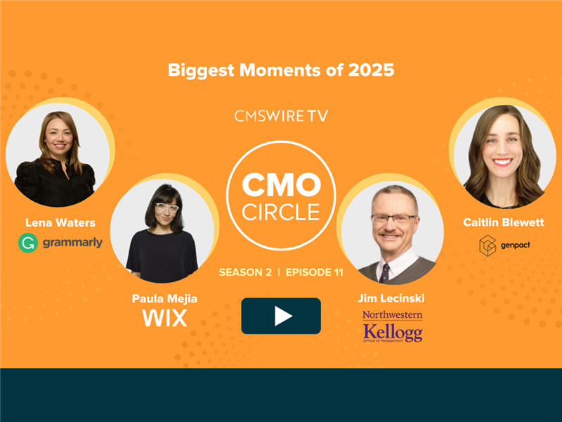 Orange background highlighting 4 circular headshots of guests from CMSWire TV's CMO Circle show