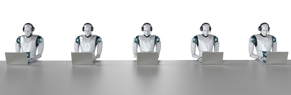 Five humanoid robots representing chatbots sit at a long table working on laptop computers in piece about marketing AI dangers.