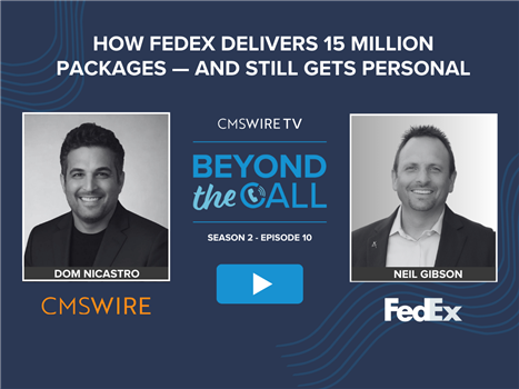 Dark blue background thumbnail with two rectangular black and white headshots of CMSWire TV's Beyond the Call show host, Dom Nicastro and guest Neil Gibson