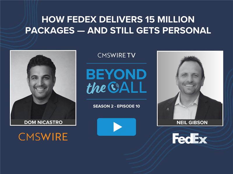 Dark blue background thumbnail with two rectangular black and white headshots of CMSWire TV's Beyond the Call show host, Dom Nicastro and guest Neil Gibson