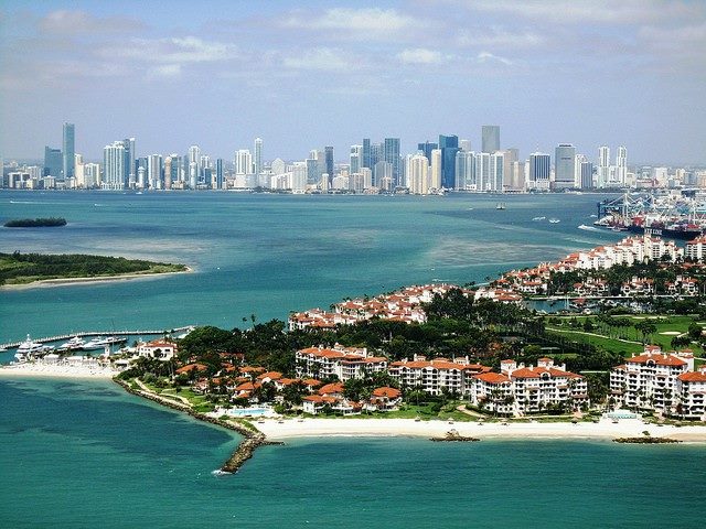 view of Miami and Fisher Island from 500 feet in the day time.