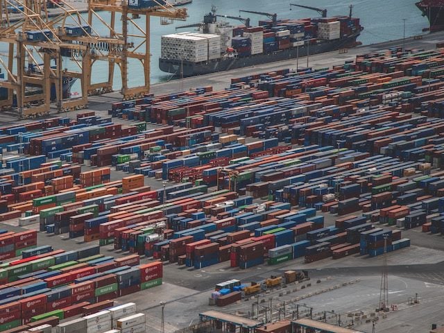 bird's eye view  of  shipping dock  in Barcelona, covered in shipping containers