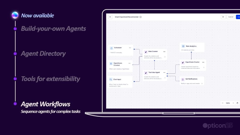 Screenshot of Optimizely Opal’s AI agent workflow builder showing a drag-and-drop interface with connected nodes for scheduling, web crawling, hypothesis creation and analytics.