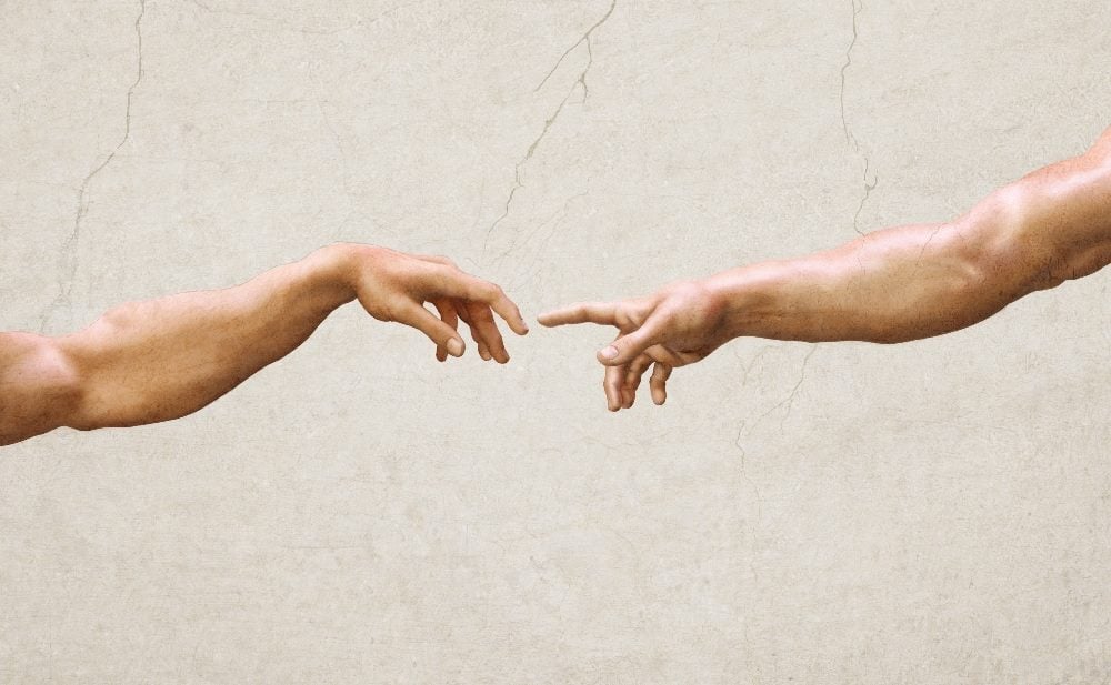 A3D textured illustration in the style of old renaissance oil and fresco Sistine Chapel artwork of two hands touching by Michelangelo depicting the creation of Adam in piece about creative marketing solutions.