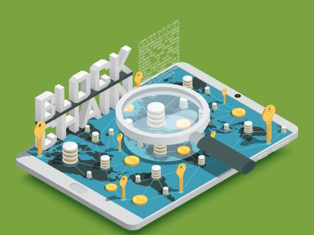 Blockchain concept. An examination of Blockchain trends with a magnifying glass and a mobile tablet.