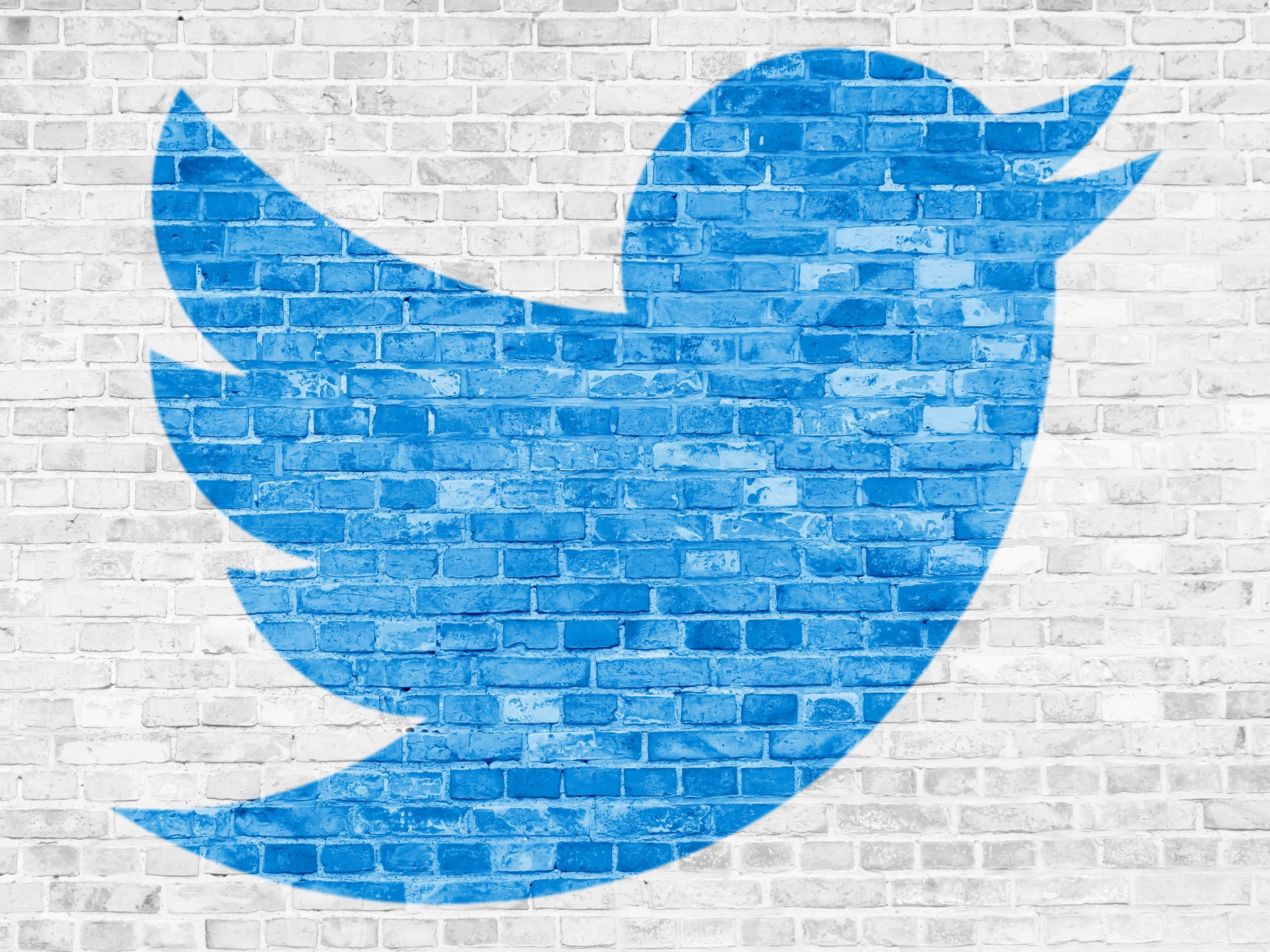 Twitter's blue bird logo is painted on a white brick wall. 
