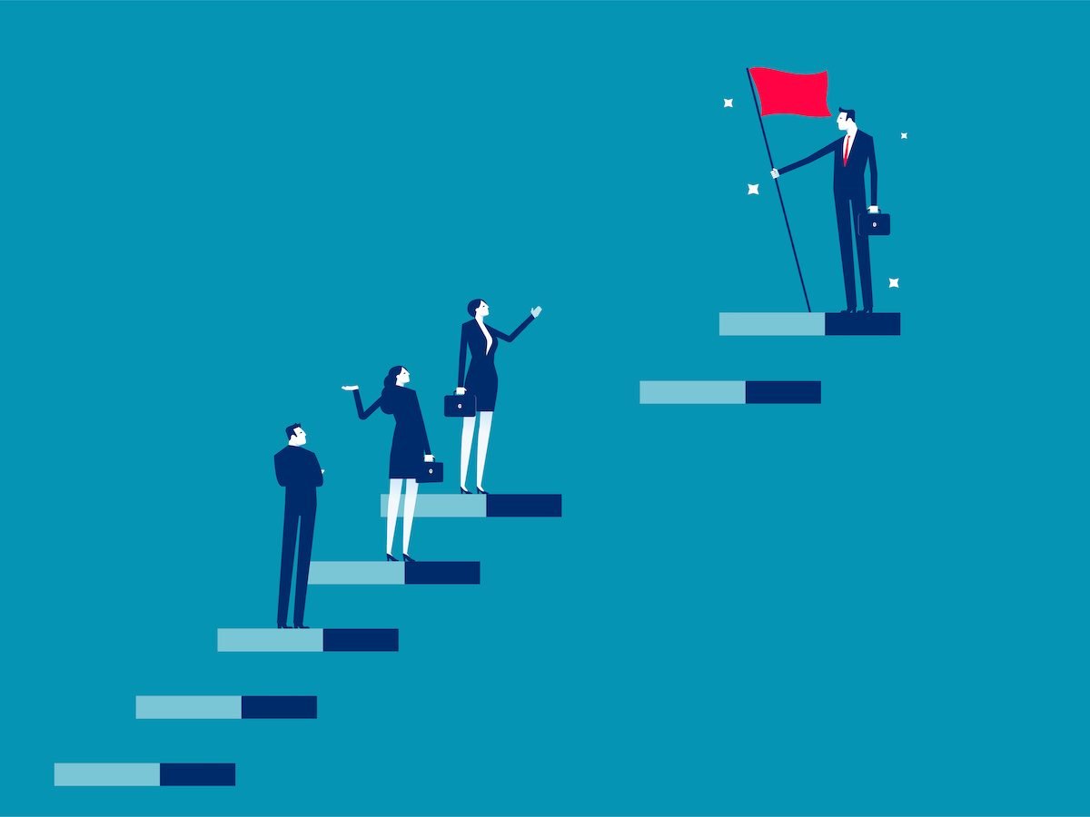 An illustration of employees walking up steps, with a gap between one employee at the top and three others near the bottom