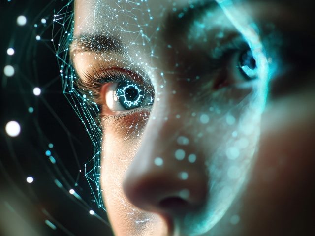 AI-generated image close-up of a woman's face, showing just her nose and eyes, with a dark background that has white spots.