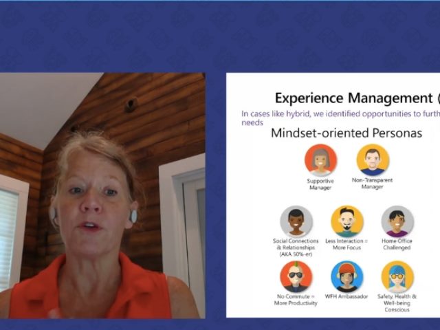 Screenshot of Karen Kocher of Microsoft during her keynote presentation at the Digital Workplace Experience 2021 summer conference.