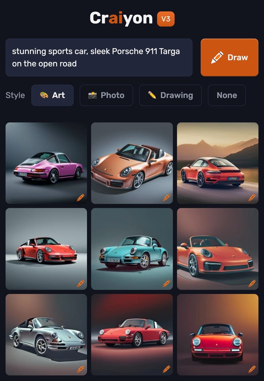 A screenshot of the Craiyon V3 text-to-image generator interface. The screen displays a prompt for "stunning sports car, sleek Porsche 911 Targa on the open road" at the top. Below the prompt, there are options to choose the style of the generated image: Art, Photo, Drawing, or None. The main section shows nine AI-generated images of Porsche 911 Targas in various styles and colors, including purple, orange, red, blue, and silver. Each image has a small orange pencil icon in the corner, indicating it was generated as an art style. A large orange "Draw" button is visible on the right side of the prompt field in piece about text-to-image generators.
