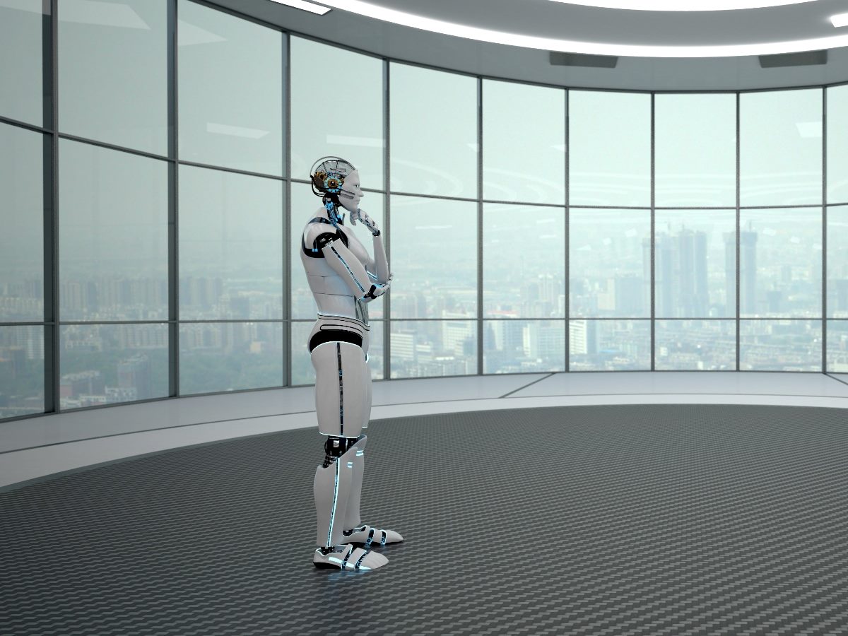 A humanoid robot stands in a futuristic high-rise room with large windows overlooking a city skyline, appearing to think or analyze while touching its chin.