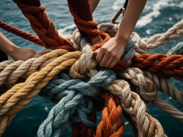 A visual representation of integration and collaboration, where diverse ropes are connected to form a strong and unified partnership, symbolizing CX and EX synergy.