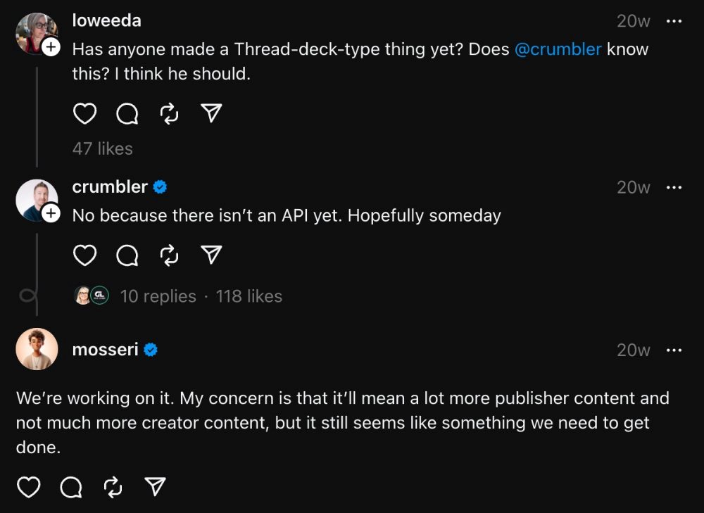 Screenshot of comments by Instagram head Adam Mosseri regarding Meta's commitment to linking Threads to AcitivityPub.