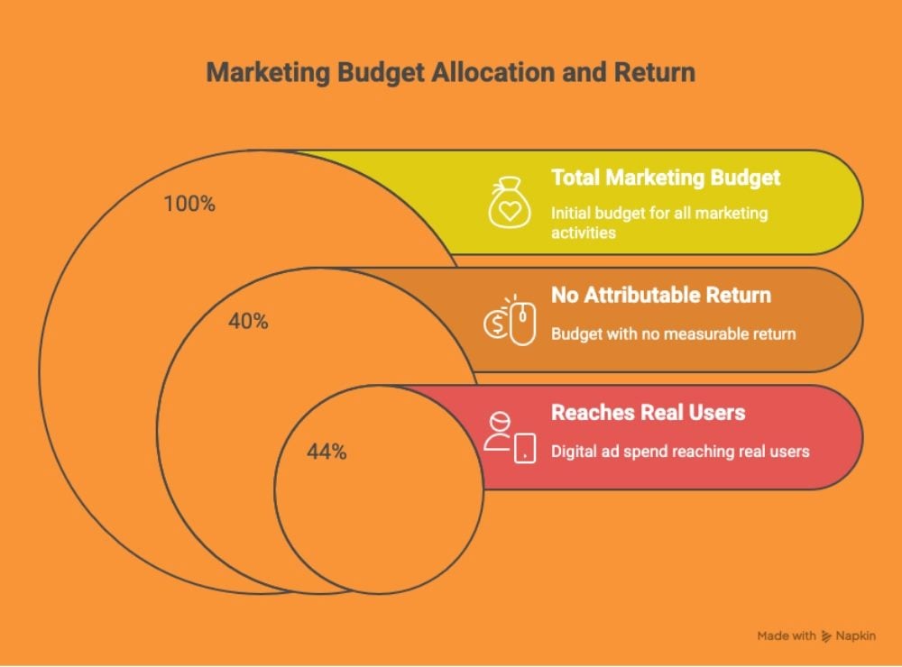 Infographic titled “Marketing Budget Allocation and Return,” showing three concentric bars representing how marketing spend diminishes through inefficiency: 100% total marketing budget, 40% with no attributable return and 44% reaching real users.