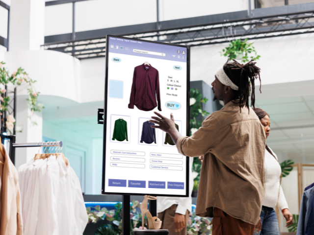 A person standing in front of a digital store display