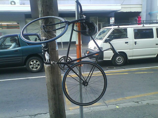 bike secured to a pole