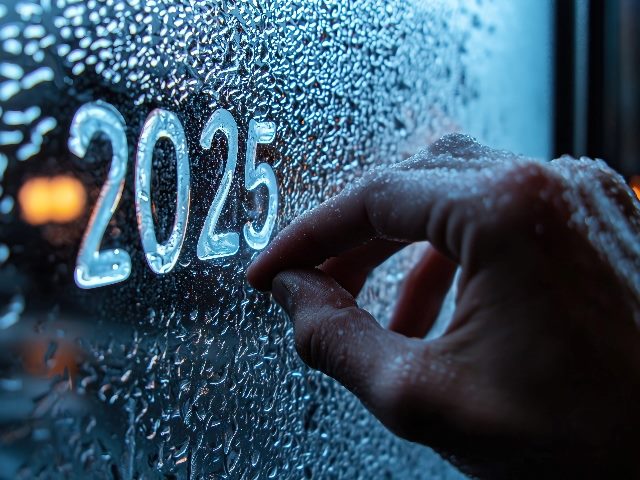 In an image generated by generative AI, a hand traces the year "2025" on a foggy, condensation-covered window, with water droplets reflecting a cool blue tone.