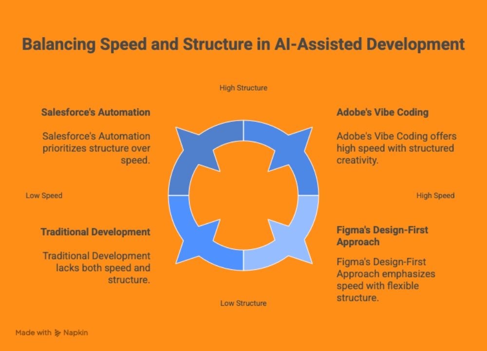 A quadrant-style diagram comparing AI-assisted development approaches—Adobe’s vibe coding, Salesforce automation, Figma’s design-first model, and traditional development—mapped along axes of speed and structure.
