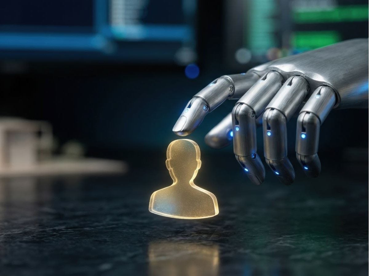 Robotic hand interacting with a glowing human silhouette, representing human and AI collaboration in modern contact center and customer experience operations.