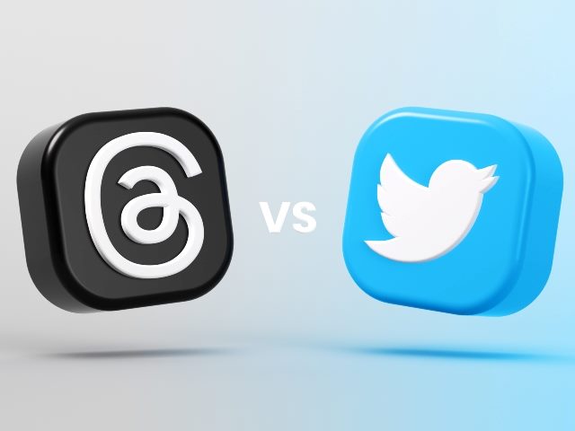 Threads vs. Twitter icons on tiles with Threads' at-symbol-like logo and Twitter's blue and white logo with bird and the term "vs." in between them. 
