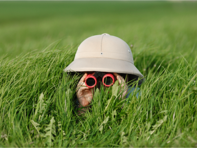 Little boy with binoculars and safari Hat, laying in the grass searching for new digital asset management system features - DAM concept