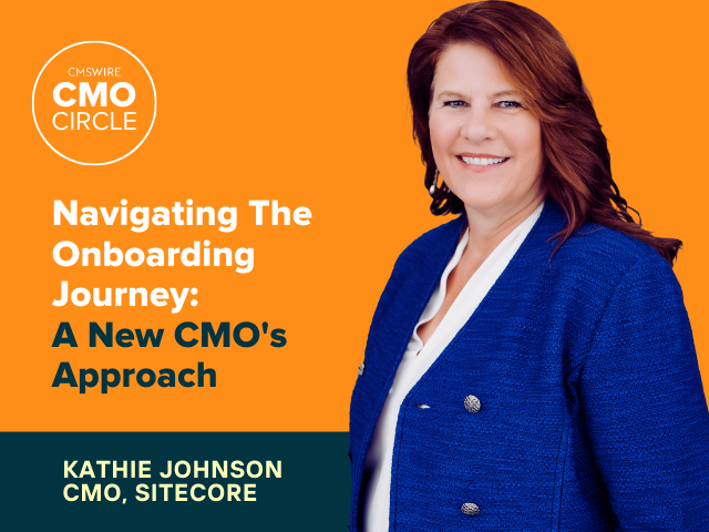 Kathie Johnson CMO at Sitecore on orange background