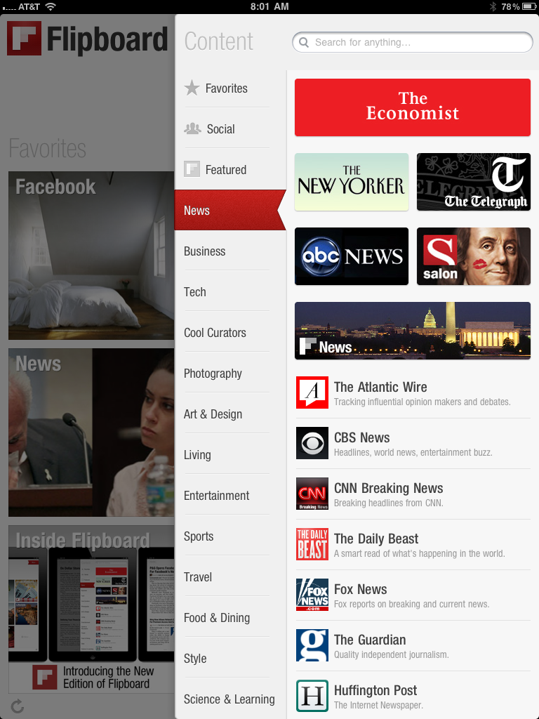 Tap the red ribbon at the top of Flipboard and a new Content Guide slides out for access to content