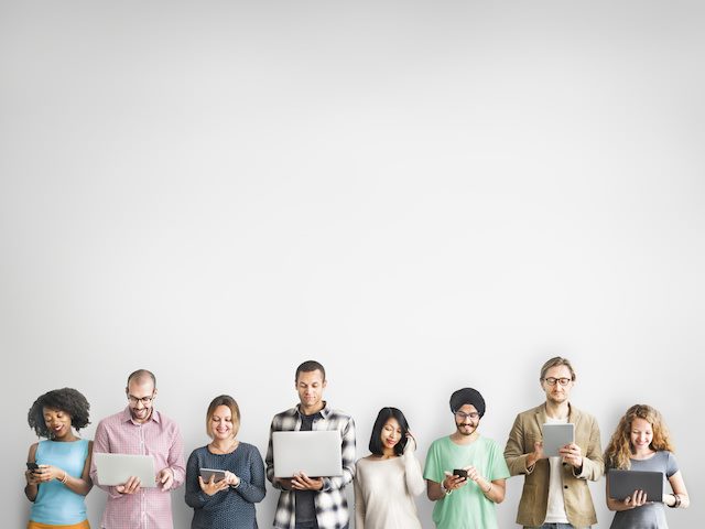 people lined up in a row on devices, suggesting "connectivity"