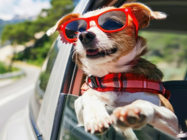 A dog is sitting in a car window with sunglasses on, in an image generated by AI. 