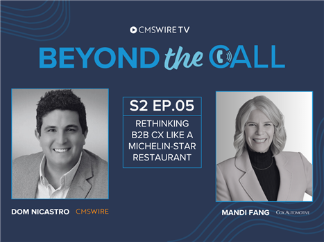 Dark Blue thumbnail for Beyond The Call featuring two rectangular headshots, of the guest Mandi Fang and host Dom Nicastro