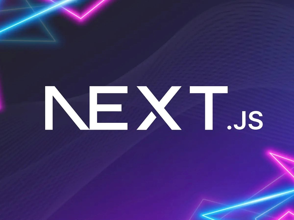 Stylized “Next.js” logo centered on a dark purple gradient background with neon geometric lines and abstract wave patterns.