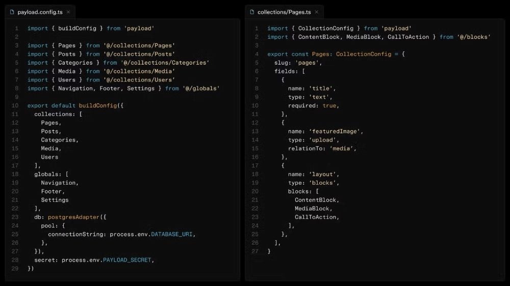 Screenshot of Payload CMS configuration code in TypeScript, showing payload.config.ts on the left and the Pages collection definition on the right.