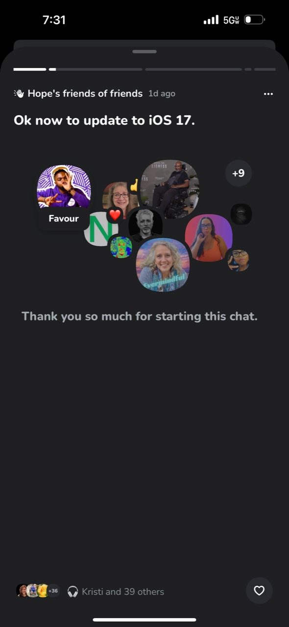 A screenshot of a Clubhouse "Chat" following it's social media rebranding.