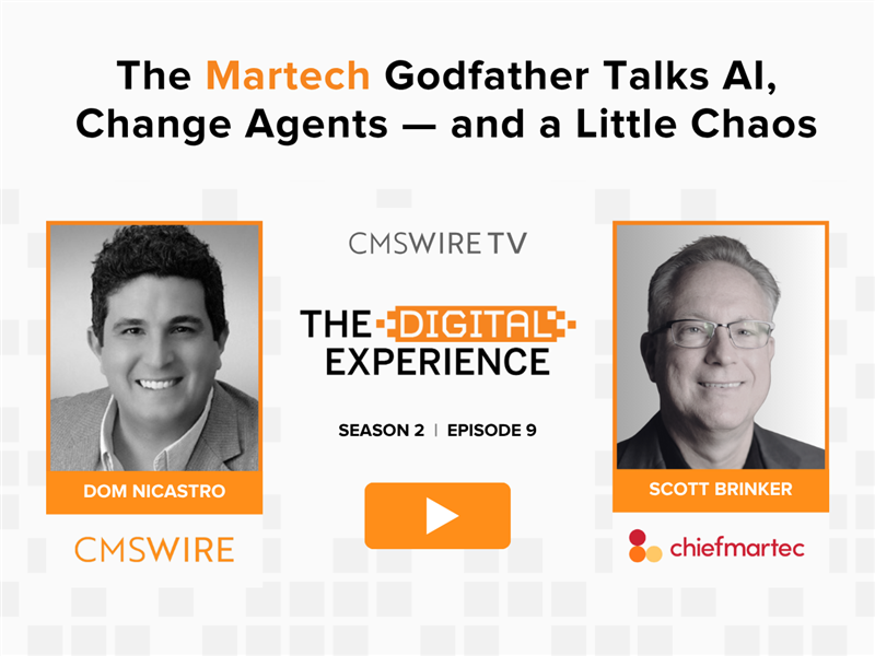 Grey pixelated background for CMSWire TV's show, The Digital Experience with black and white headshots of host, Dom Nicastro and guest, Scott Brinker