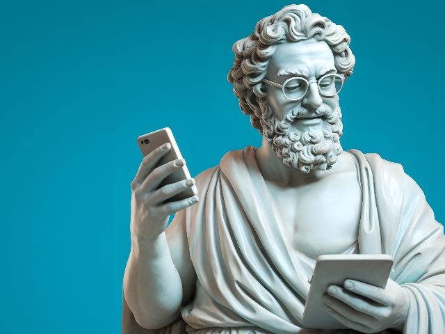 Ancient old Greek God statue with curly hair, smiling, reading text message on modern smartphone, on pastel blue background.