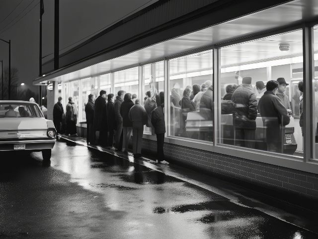A black and white photo of drive-thru window with long line of hungry customers waiting to place their order