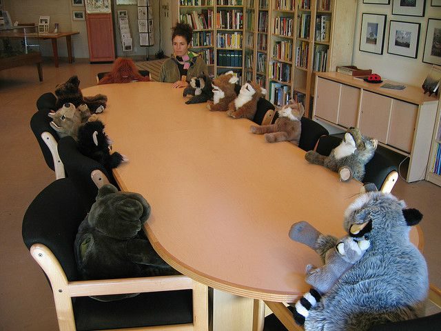 stuffed animals and one girl sitting around a table as if meeting