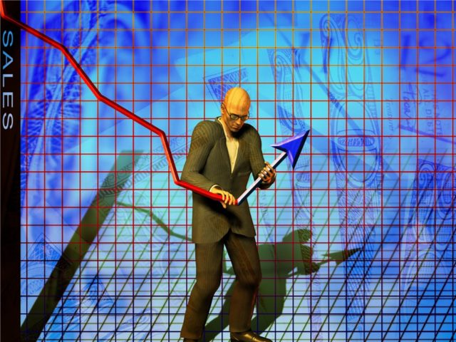 businessman manually bending financial planning chart indicator bar upward
