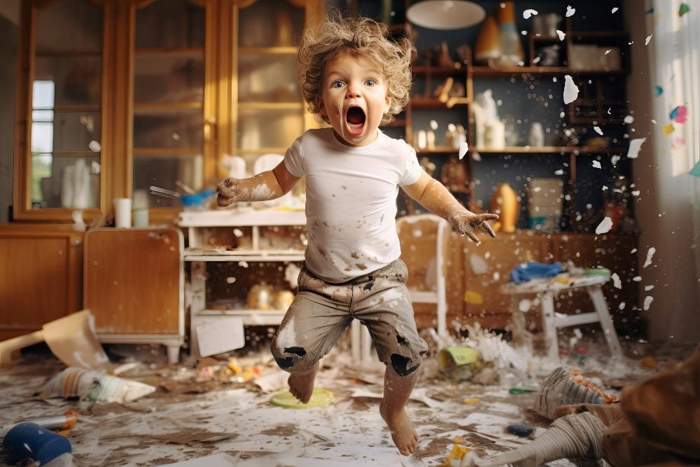 A small boy is misbehaving and jumping in a very messy room, suggesting the need to understand the motivations for behavior.