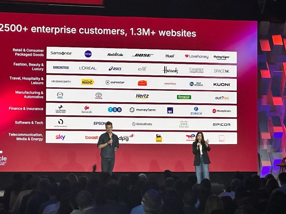 Contentsquare CX Circle 2025 presentation slide showing 2,500+ enterprise customers and logos across industries including retail, fashion, travel, manufacturing, finance, software and telecom.
