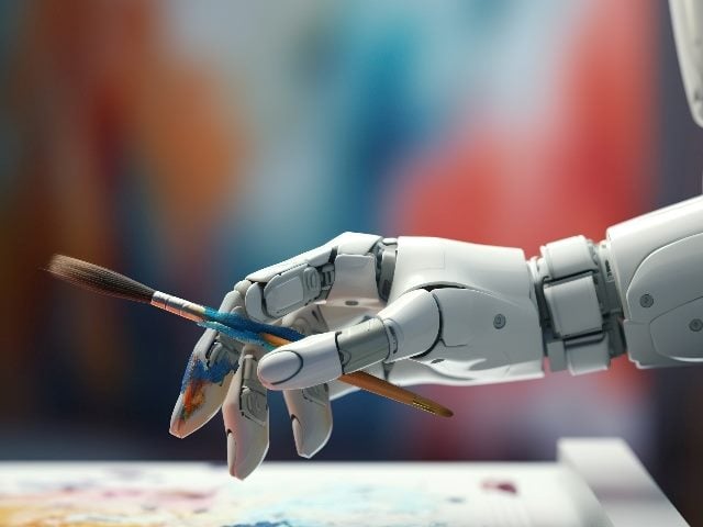 A robot holds a paint brush as it prepares to paint an oil painting on canvas in piece about AI in marketing and creativity in campaigns. 